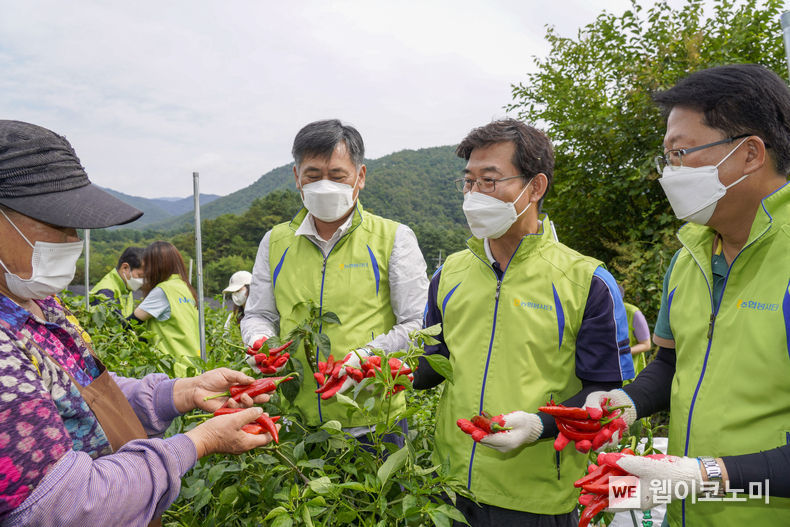 10일, 강원도 홍천군 구성포마을 농가에서 김형신 농협금융지주 사업전략부문 부사장 (사진 오른쪽 2번째) 및 임직원들이 농민으로부터 농촌의 애로사항을 청취하고 있다. 2021.09.12 (출처:NH농협금융지주)