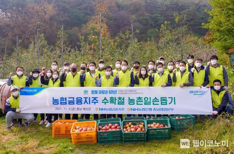 농협금융은 5일, 손병환 농협금융지주회장이 사회가치 경영 가속을 위하여 충남 지역 현장경영과 농업인 일손돕기에 나섰다고 밝혔다. 손병환 농협금융지주회장(두번째 줄 왼쪽에서 여덟 번째)과 임직원 봉사단원들이 함께 기념촬영을 하고 있다. 2021.11.07 (출처=NH농협금융지주)