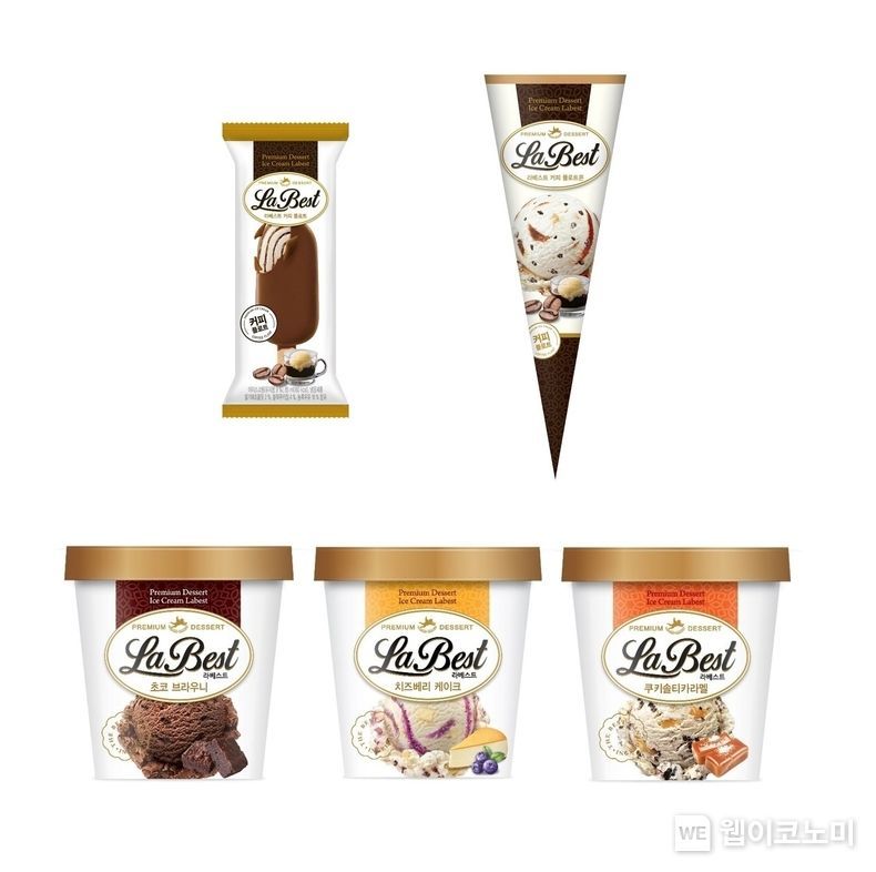 라베스트 신제품 5종, 위 왼쪽부터 ▲커피플로트 바, ▲커피플로트 콘, 아래 왼쪽부터 ▲파인트 초코브라우니, ▲파인트 치즈블루베리, ▲파인트 쿠키솔티카라멜 2022.01.24 (출처: 롯데푸드)