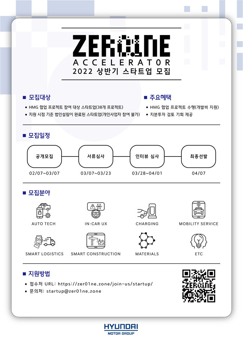 현대차그룹 오픈이노베이션 플랫폼 ‘제로원 액셀러레이터(ZER01NE ACCELERATOR)’의 2022년 상반기 스타트업 공개 모집 안내 포스터 2022.02.07 (출처: 현대차그룹)
