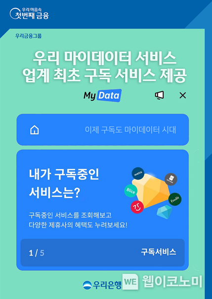 우리은행, ‘우리 마이데이터’에서‘구독 서비스’실시 2022.02.16 (출처: 우리은행)