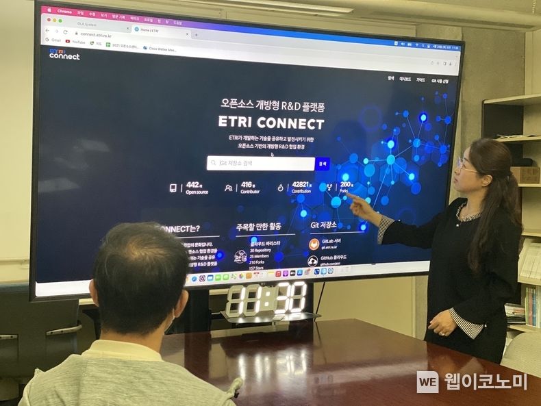 ETRI 연구진들이 오픈소스 개방형 R&D 플랫폼(connect.etri.re.kr)을 설명하는 모습 2022.05.10 (출처: ETRI)