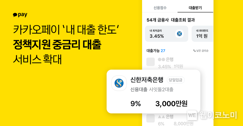 카카오페이 내 대출 한도, 정책지원 중금리 대출 중개 서비스 확대 2022.05.19 (출처 : 카카오페이)