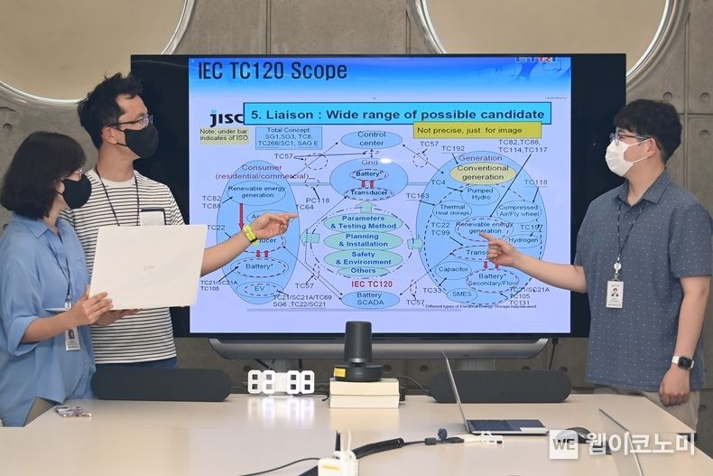 ETRI 연구진들이 에너지저장장치를 비장전원 시스템에 연계하기 위한 요구사항을 논의하고 있는 모습 2022.06.15 (출처:ETRI)