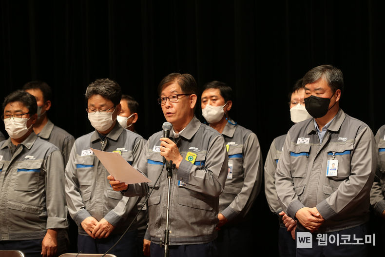 7일 대우조선해양 박두선 사장이 최근 하청지회 파업과 관련, 거제 옥포조선소에서 긴급 기자간담회를 갖고 있다. 2022.07.07 (출처: 대우조선해양)