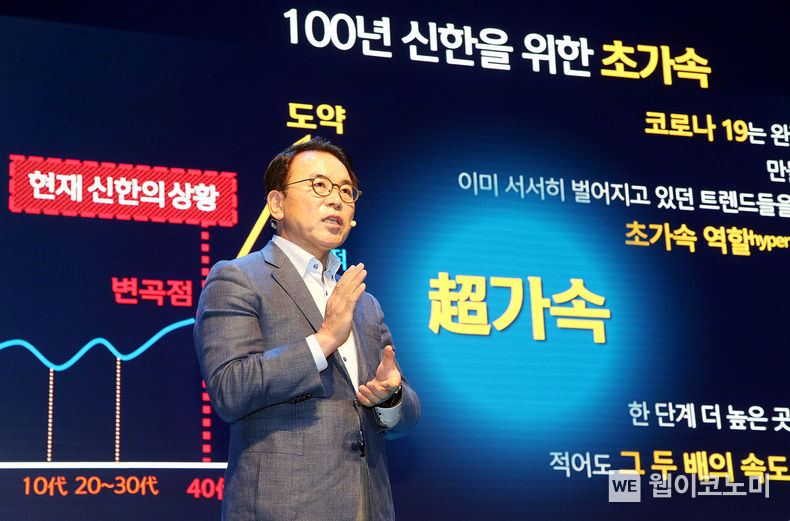 신한금융그룹(회장 조용병)은 7일 오전 서울 중구에 위치한 신한금융 본사에서 조용병 회장을 비롯한 그룹사 CEO 및 임원, 본부장이 참여한 가운데 ‘제2회 신한문화포럼’을 개최했다. 이날 행사에 참석한 신한금융그룹 조용병 회장이 신한문화의 발전 방향에 대해 발표하고 있다. 2022.07.07 (출처: 신한금융그룹)