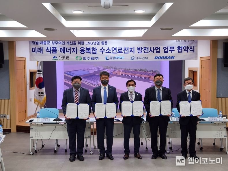 한수원은 21일 경남 하동군청에서 하동군, 경남QSF㈜, 대우건설㈜, 두산퓨얼셀㈜와 ‘하동군 미래식품/에너지 융복합 연료전지 발전사업 공동개발을 위한 업무협약'을 체결했다.(왼쪽 두번째) 장필호 한수원 신사업본부장 2022.09.22 (출처:한국수력원자력)