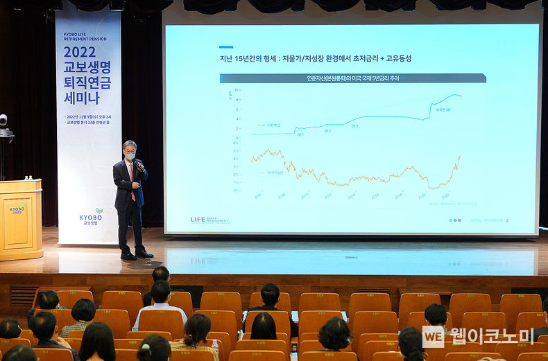 9일 서울 광화문 교보생명 본사에서 열린 '2022 교보생명 퇴직연금 세미나'에서 라이프자산운용 이채원 의장이 '2023년 금융시장 전망 및 퇴직연금 자산운용'을 주제로 전문가 특강을 하고 있다. 2022.11.10 (출처:교보생명)