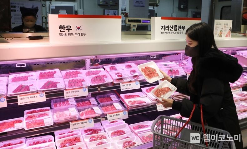 서울시 중구 봉래동에 위치한 롯데마트 서울역점에서 고객이 한우를 고르고 있는 모습 2022.12.29 (출처:롯데마트)
