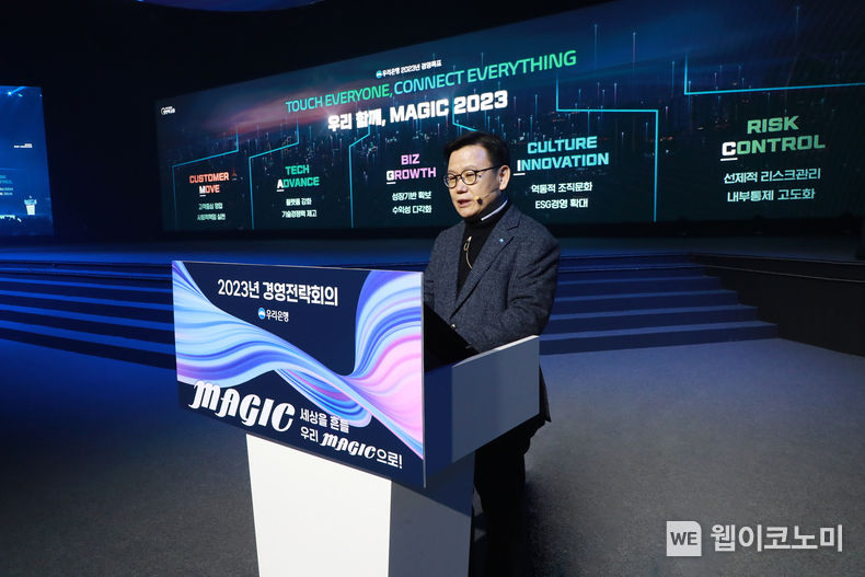 우리은행(은행장 이원덕, 사진)은 지난 28일 일산 킨텍스에서 ‘2023년 상반기 경영전략회의’ 를 개최했다. 이원덕 우리은행장이 ‘Touch Everyone, Connect Everything’을 경영목표로 제시하며 모두의 마음을 감동시키고 신뢰받는 은행을 만들자고 강조하고 있다. 2023.01.29 (출처: 우리은행)