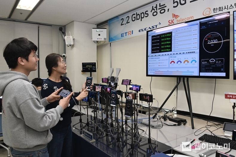 ETRI 연구진이 개발한 5G 스몰셀 기술을 상용 플랫폼에 적용해 5G 통신을 시연하고 있는 모습 2023.02.21 (출처:ETRI)