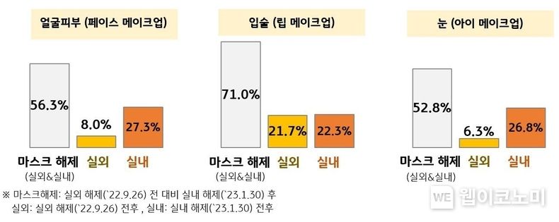 마스크 의무 해제 후 2주간 온라인 쇼핑몰 얼굴 관련 화장품 일평균 매출액 증감 2023.03.06 (출처:KB국민카드)