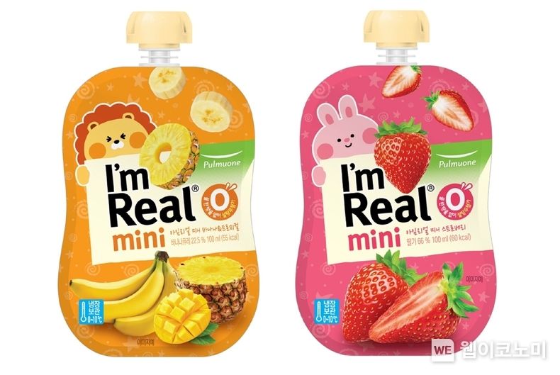 생과일을 그대로 갈아서 과육, 과즙의 맛이 그대로 살아있는 100% 천연과일 주스 풀무원 ‘아임리얼 미니’ 2종(왼쪽부터 ‘미니 바나나트로피컬’, ‘미니 스트로베리’) 2023.04.11 (출처 : 풀무원)