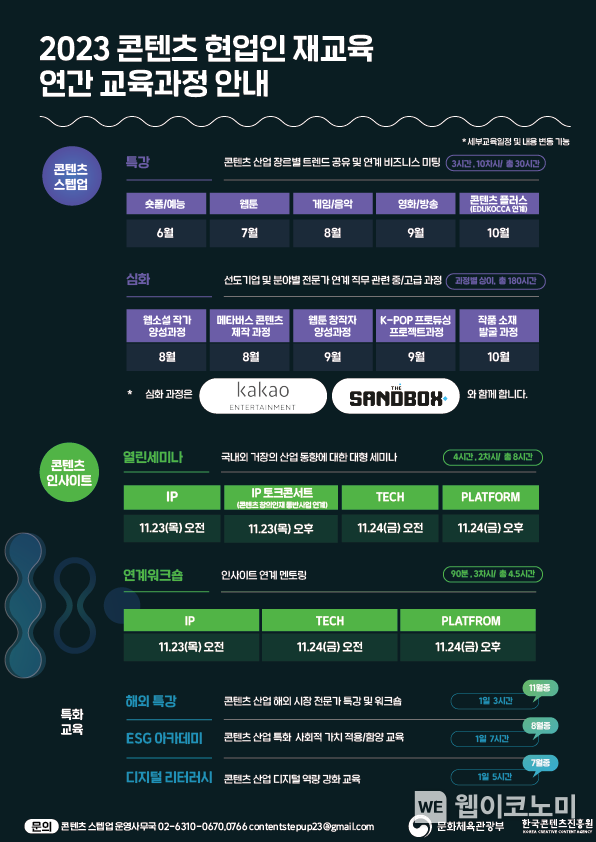 한국콘텐츠진흥원(원장 조현래, 이하 콘진원)은 현업인을 위한, 현업인이 찾는 역량 강화 직무교육 ‘2023 콘텐츠 스텝업’의 연간일정을 공개하고, 6월 16일까지 숏폼&예능 분야 특강 참가자를 모집한다. 2023.06.14 (출처 : 한국콘텐츠진흥원)
