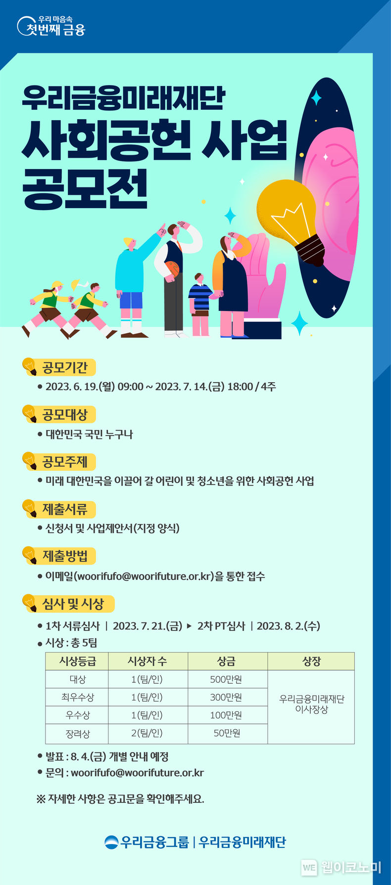 우리금융미래재단이 사회공헌사업 아이디어를 기다립니다 2023.06.19 (출처 : 우리금융미래재단)