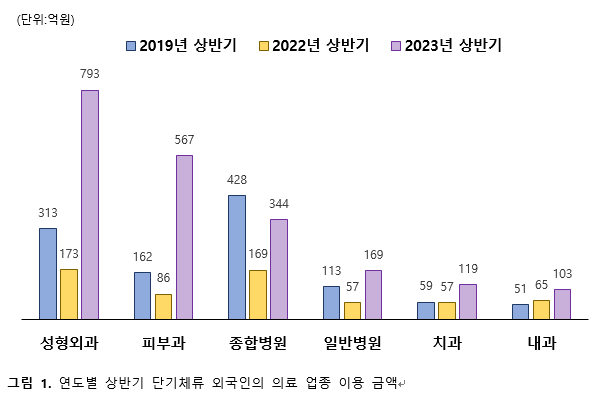 연도별 상반기 단기체류 외국인의 의료 업종 이용 금액 2023.07.18 (출처:하나카드)