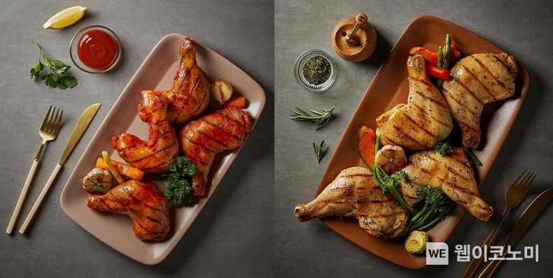 BBQ가 롯데홈쇼핑 라이브TV에서 판매하는 매달구(매콤달콤 닭날개구이)맛(왼쪽)·로스트갈릭맛 통닭다리구이(오른쪽) 2023.08.02 (출처 : 제너시스BBQ)