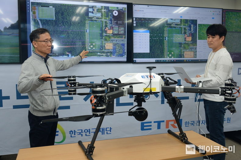 ETRI에서 개발한 데이터, 네트워크, 인공지능 통합 DNA+드론 플랫폼(좌측부터 우덕균 책임연구원, 김법균 책임연구원) 2023.08.08 (출처 : 한국전자통신연구원)