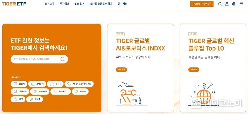TIGER ETF 홈페이지 메인화면 2023.09.01 (출처 : 미래에셋자산운용)