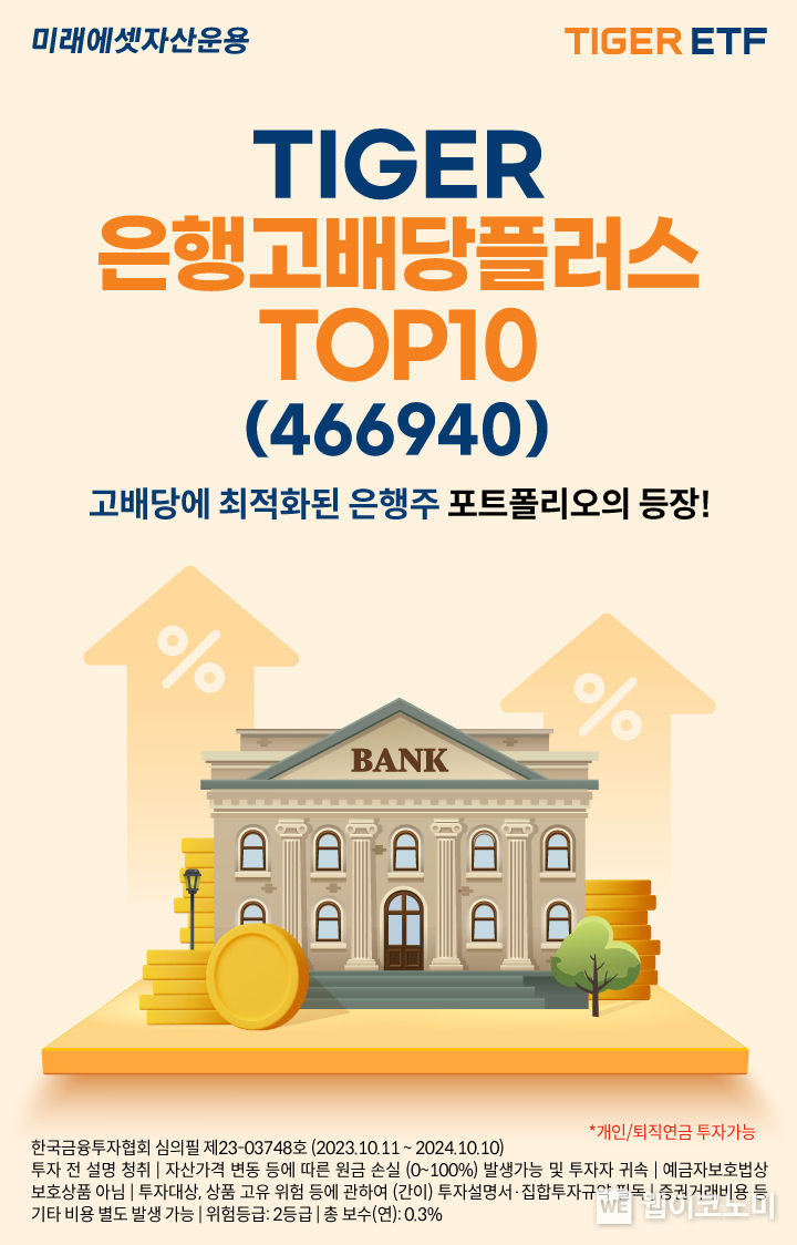 미래에셋, ‘TIGER 은행고배당플러스TOP10 ETF’ 신규 상장. 2023.10.17. (출처: 미래에셋자산운용)