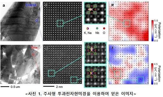 결정립이 큰 압전물질(coarse)과 미세한 결정립을 갖는 압전물질(fine)내 도메인 및 분극 이미지다. 그림(e,f) 화살표는 분극 방향을 나타내며, 미세한 결정립을 갖는 물질에서 나노도메인이 관찰되었다. 2023.10.26 (출처: 포스텍)