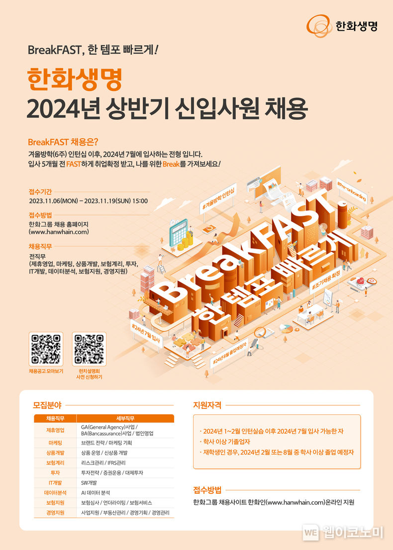 한화생명 2024 신입사원 채용 공고 포스터 2023.11.01. (출처: 한화생명)