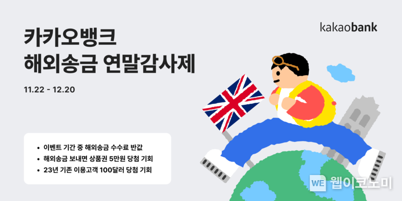 카카오뱅크 해외송금 300만건 돌파 기념 연말감사제..."해외계좌송금 수수료 50% 할인" 2023.11.22. (출처: 카카오뱅크)
