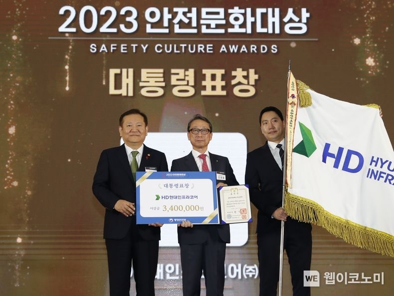 HD현대인프라코어가 11일(월) 정부 세종컨벤션센터에서 개최된 ’2023 안전문화대상‘에서 '대통령표창'을 수상했다. (사진 좌측부터 이상민 행정안전부 장관, HD현대인프라코어 조영철 사장) / 2023.12.11 (출처: HD현대인프라코어)