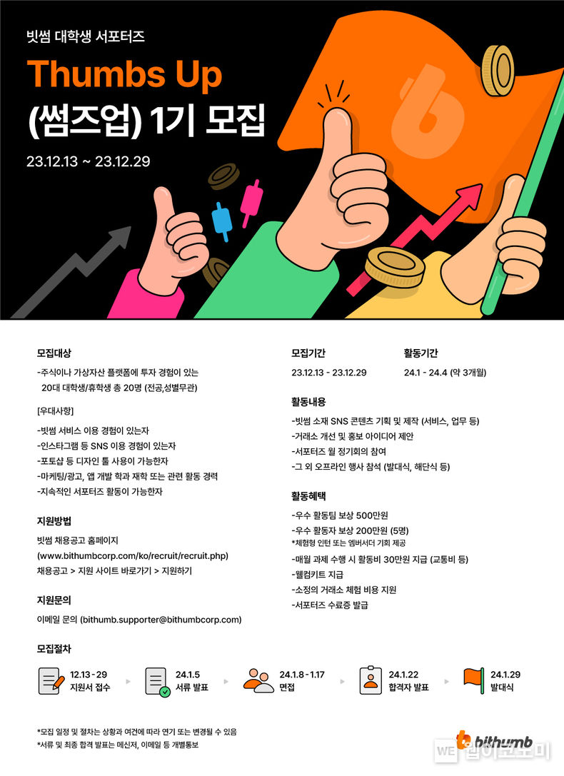 빗썸, 대학생 서포터즈 ‘썸즈업(Thumbs Up)’ 1기 모집 / 2023.12.13 (출처: 빗썸)