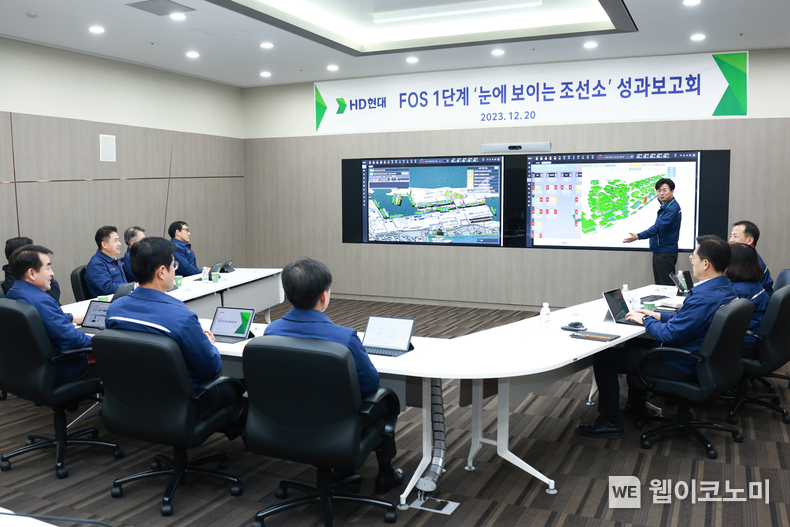  HD현대중공업은 20일(수) 울산 경영 본관에서 HD현대중공업 이상균 사장 등 조선 부문 계열사 대표가 참석한 가운데 FOS 1단계 '눈에 보이는 조선소' 성과보고회를 진행했다. / 2023.12.20 (출처: HD현대중공업)