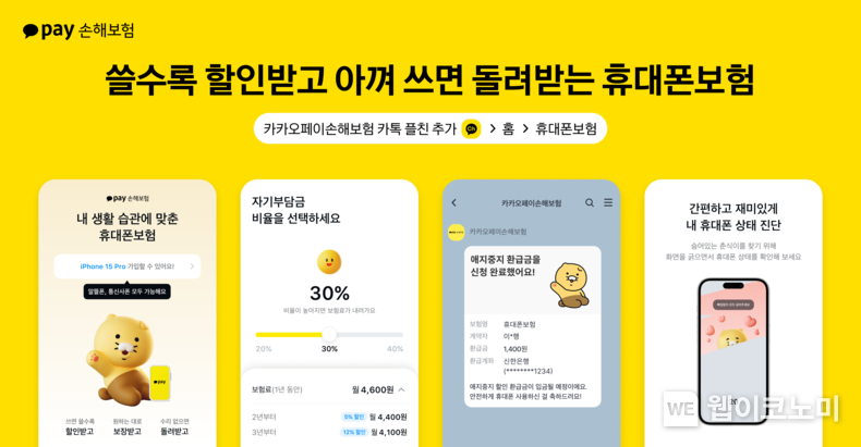 "자급제폰, 통신사폰 모두 가입도, 보상도 쉽고 빠르게"...카카오페이손해보험, 내 습관에 맞춘 휴대폰보험 출시… 오래 쓴 만큼 할인받고, 수리 없이 잘 쓰면 환급까지 / 2023.12.22 (출처: 카카오페이손해보험)