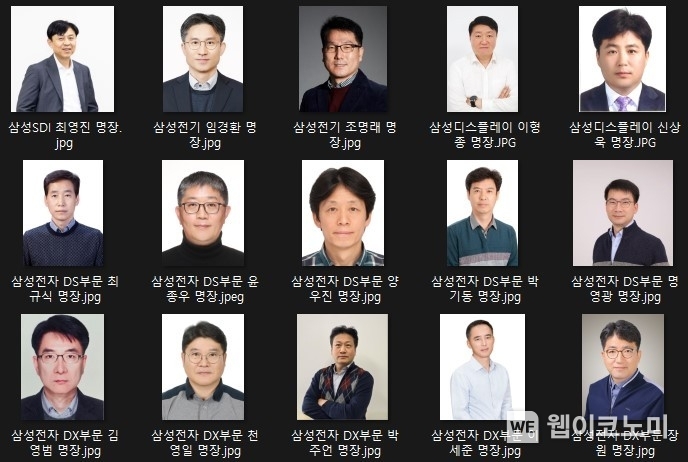 (왼쪽 첫줄부터) 삼성SDI 최명진 명장, 삼성전기 임경환 명장, 삼성전기 조명래 명장, 삼성디스플레이 이형종 명장, 삼성디스플레이 신상욱 명장 (왼쪽 둘째줄부터) 삼성전자 DS부문 최규식 명장, 삼성전자 DS부문 윤종우 명장, 삼성전자 DS부문 양우진 명장, 삼성전자 DS부문 박기동 명장, 삼성전자 DS부문 명영광 명장 (왼쪽 셋째줄부터) 삼성전자 DX부문 김영범 명장, 삼성전자 DX부문 천영일 명장, 삼성전자 DX부문 박주언 명장, 삼성전자 DX부문 이세준 명장, 삼성전자 DX부문 장원 명장 / 2024.01.02 (출처: 삼성전자)