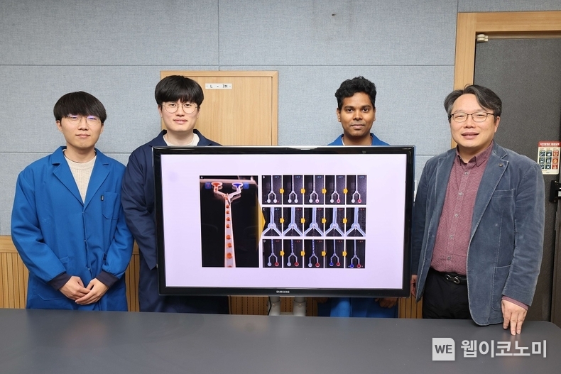 (왼쪽부터) KAIST 기계공학과 유현준 박사과정, KAIST 기계공학과 오세웅 박사과정, KAIST 기계공학과 만마싸 마하토 연구교수, KAIST 기계공학과 오일권 교수 / 2024.01.04 (출처: KAIST)