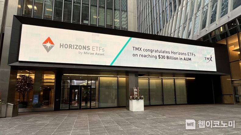 캐나다 현지 거래소에 게재된 Horizons ETFs 운용자산 300억 캐나다달러 돌파 기념 이미지 / 20224.01.11 (출처: 미래에셋자산운용)