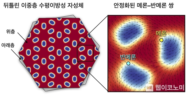 뒤틀림 이중층 강자성체에서 본 연구 결과를 통해 세계 최초로 발견된 안정한 위상적 솔리톤인 메론에 대한 모식도 / 2024.02.20 (출처: KAIST)