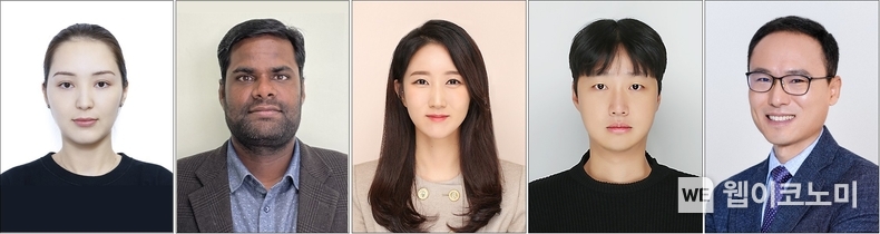 탈신 베질다예바 박사과정, 띠따기리 자야라만 박사, 민아름 박사, 문철주 박사, 최명룡 교수(왼쪽부터). / 2024.03.12 (출처: 경상국립대학교)