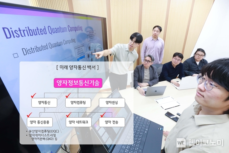 LG유플러스는 서울대 전기·정보공학부 이경한 교수 연구팀과 함께 ‘미래 양자통신 백서(이하 백서)’를 발간했다. 사진은 서울대 NXC연구실에서 이경한 교수 연구팀과 LG유플러스 직원들이 백서 내용을 토론하는 모습. / 2024.04.14 (출처: LG유플러스) 