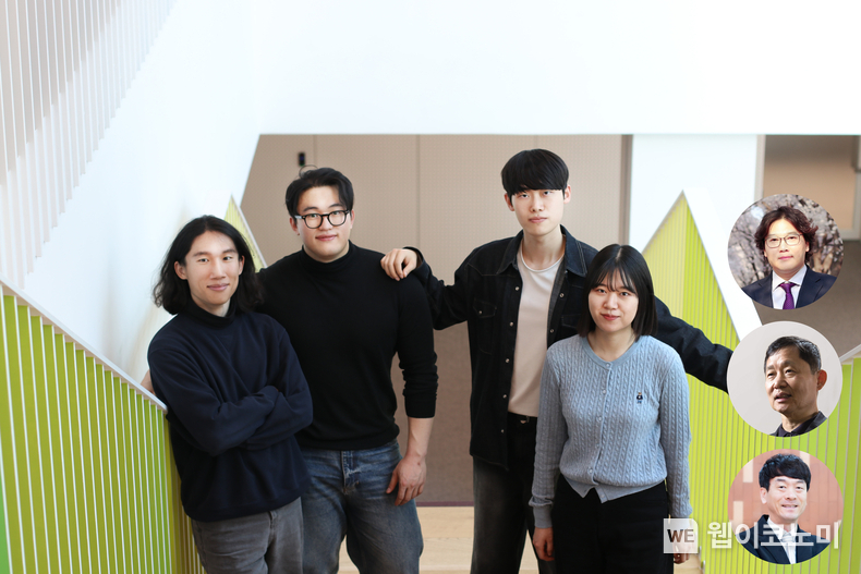 연구진 사진. (중앙 왼쪽부터) POSTECH 이형우, 문태영, 주희태, 구연정 씨, (오른쪽 위부터) POSTECH 박경덕 교수, UNIST 김대식 교수, UNIST 서영덕 교수 / 2024.04.15 (출처: POSTECH)