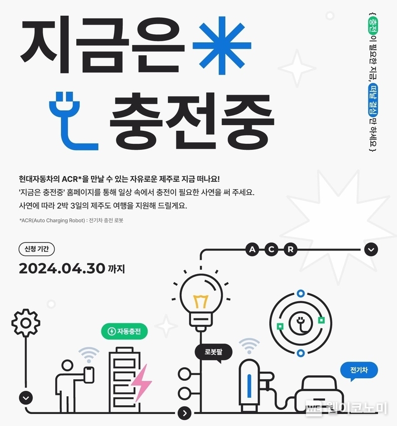 현대자동차가 일상 속 충전을 필요로 하는 고객들을 위해 ‘지금은 충전중’ 여행 지원 캠페인을 운영한다. (사진) ‘지금은 충전중’ 여행 지원 캠페인 포스터 / 2024.04.17 (출처: 현대차·기아)