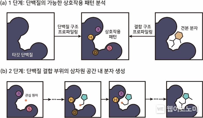 본 연구진이 개발한 단백질-분자 상호작용 패턴 기반 3차원 생성형 AI의 개념도 / 2024.04.18 (출처: KAIST)
