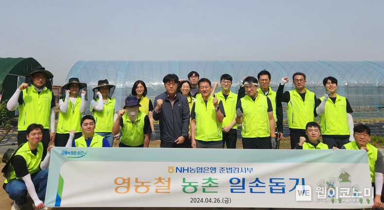 홍명종 준법감시인(앞줄 왼쪽에서 5번째, 가운데에서 오른쪽 1번째)과 준법감시부 임직원 일동이 경기도 양주시 백석읍 소재 농가를 방문해 일손돕기를 실시하며 기념촬영을 하고 있다. / 2024.04.26 (출처: NH농협은행)