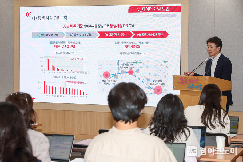 KT AI사업본부장 최준기 상무가 28일 서울시 신청사에서 열린 '수도권 생활이동 데이터 개방' 기자단 설명회에서 수도권 생활이동 개발 방법에 대해 설명하고 있는 모습 / 2024.05.28 (출처: KT)