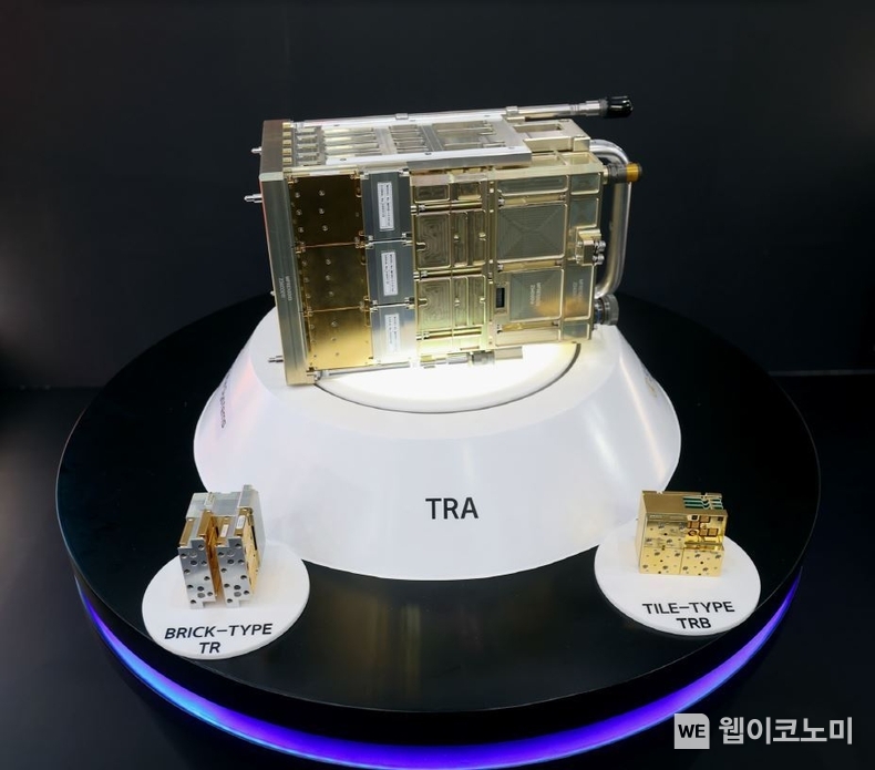 한화시스템이 ADEX 2023 전시에서 선보인 AESA 레이다의 핵심 부품인 브릭형 TRB(좌측)와 부피를 50%가량 줄인 타일형 TRB(우측), TRB 여러 개를 묶은 송수신 어셈블리(TRA)의 수량에 따라 지상·공중·해상 등에서 사용하는 다양한 크기의 레이다 안테나에 모두 적용 가능하다. / 2024.06.11 (출처: 한화시스템)