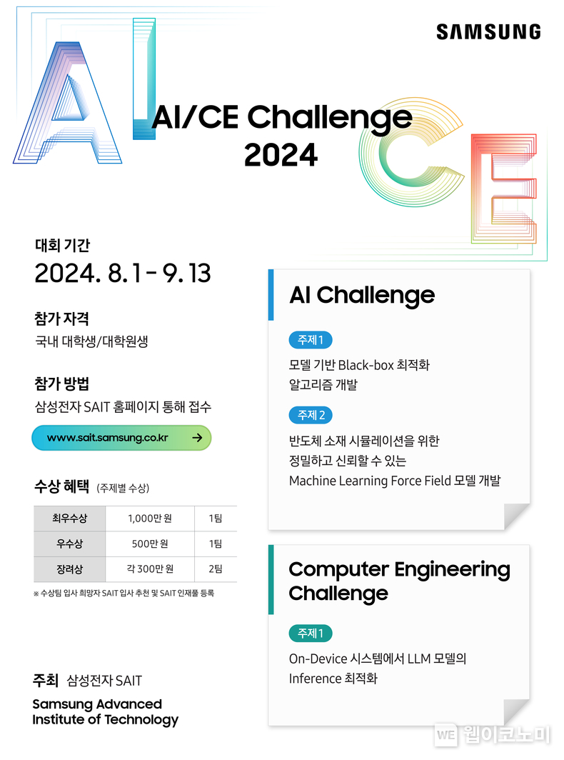 삼성전자 SAIT, ‘인공지능, 컴퓨터공학 챌린지 2024’ 모집 공고 / 2024.07.29 (출처 : 삼성전자)