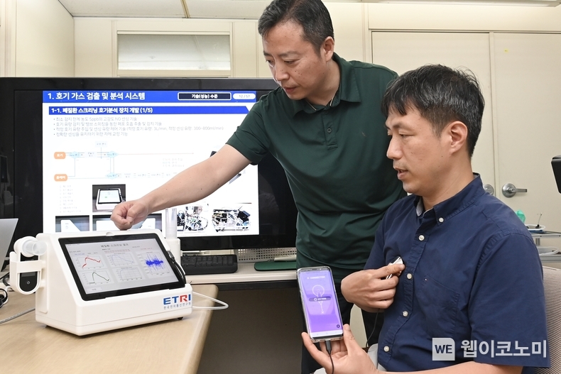 ETRI 연구진이 개발한 폐질환 조기 선별 장치의 청진 측정 및 폐음 이상 인식 기술을 시연하는 모습 / 2024.08.13 (출처: ETRI)