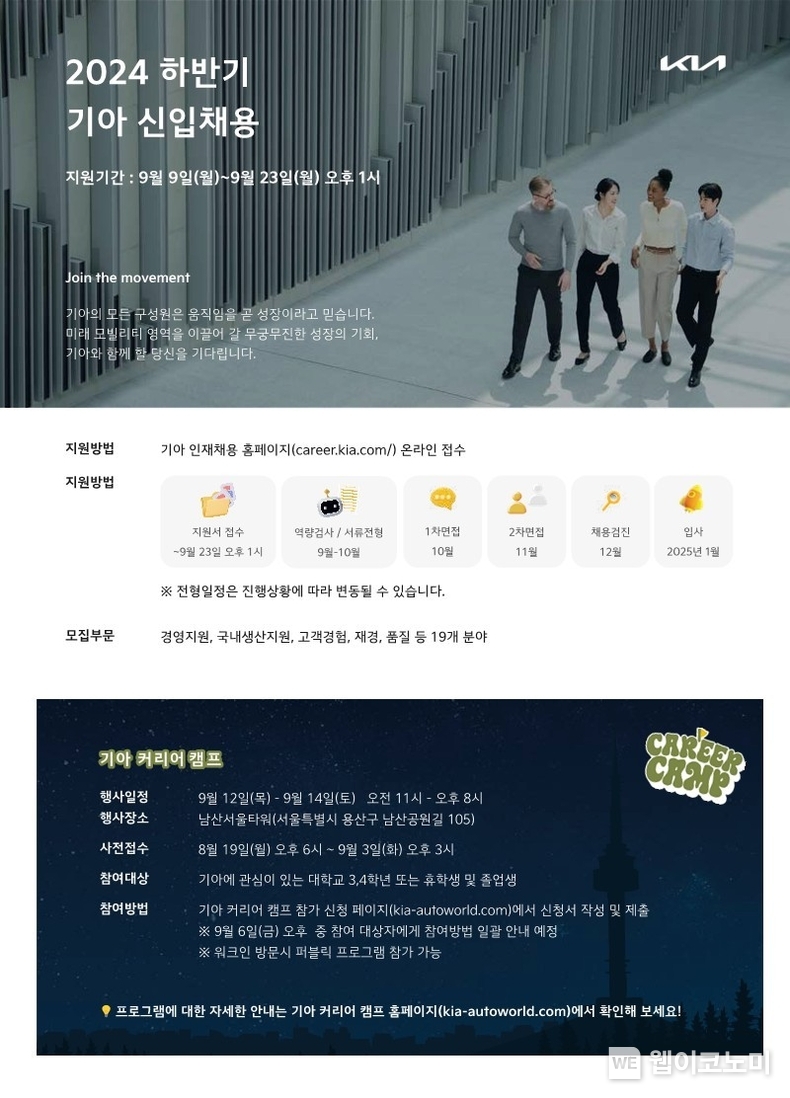 기아가 9월 9일(월)부터 9월23일(월)까지 15일간 하반기 대졸 신입사원 채용을 진행한다. / 2024.08.28 (출처: 기아)