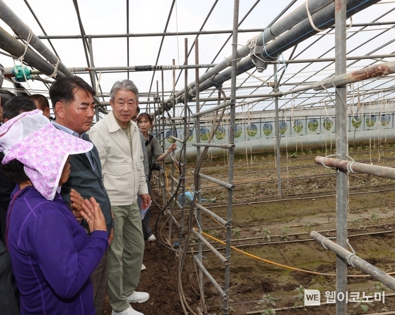 27일, 경상남도 진주시 폭우피해 농가 현장을 방문한 강호동 농협중앙회장(흰색 점퍼 착용)이 피해농업인을 위로하고 있다. / 2024.09.27 (출처: 농협)