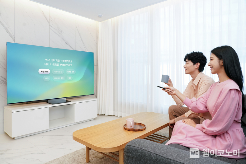 삼성전자 모델이 삼성전자 AI TV를 통해 인공지능 기반인 '생성형 배경화면(Generative Wallpaper)' 기능을 체험하는 모습. / 2024.10.23 (출처: 삼성전자)