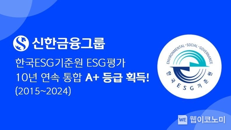 신한금융그룹, 한국ESG기준원 ESG 평가 10년 연속 통합 A+등급 획득. / 2024.10.25 (출처: 신한금융그룹)