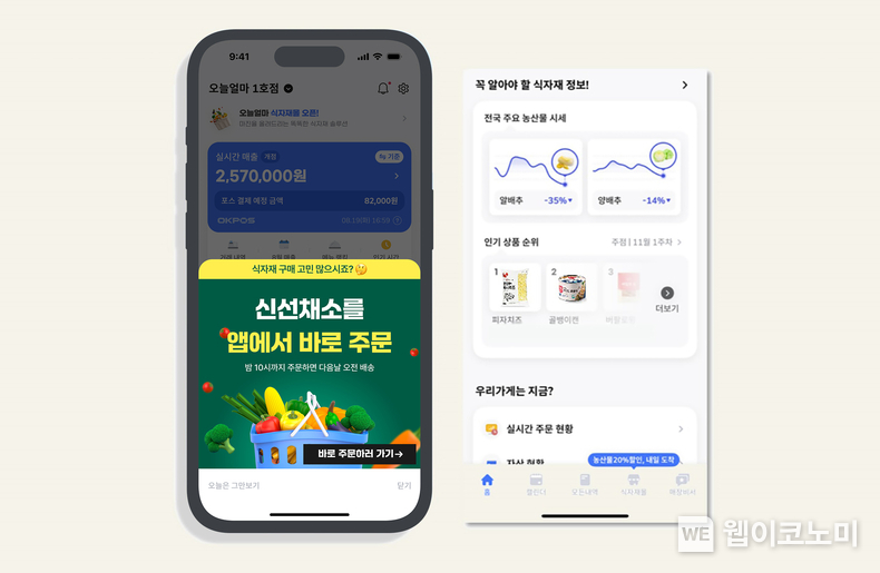 협력사 '오케이포스'의 식당 매출관리 서비스 '오늘얼마' 앱 내 식자재 주문 페이지 예시 / 2024.11.13 (출처: CJ프레시웨이)